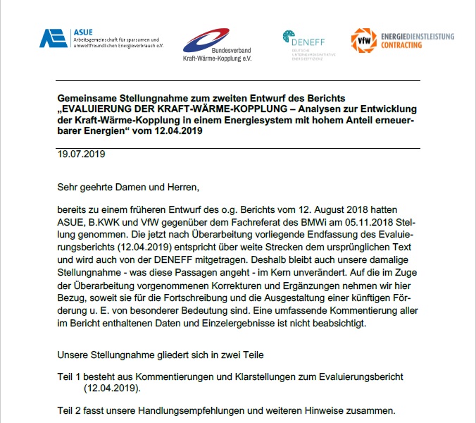 Stellungnahme zum KWK-Evaluierungsbericht 2019 von ASUE, BKWK, DENEFF und VfW
